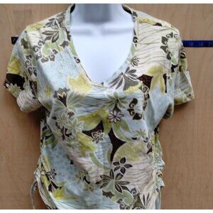 Caribbean Joe Womens Floral V-Neck Top Ruched Sides Medium